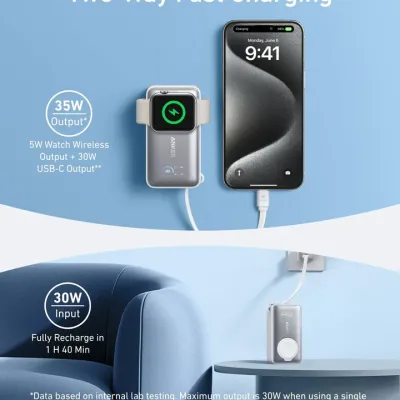 Anker MagGO POWER BANK10K mAh 35w phone and apple watch white