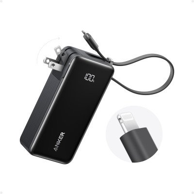 anker power bank 10k mAh 30w bulit-in usb-c+lightning cable black