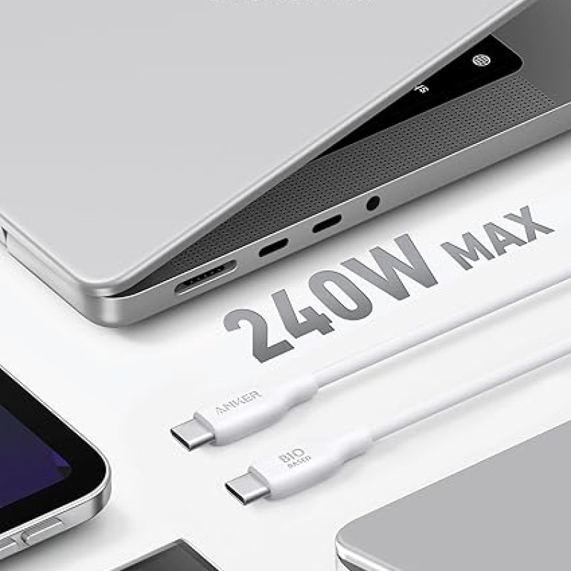 متين. شحن سريع. صديق للبيئة. كابل أنكر USB-C إلى USB-C (بطول 3 أقدام، 240 واط، مصنوع من مواد بيولوجية)