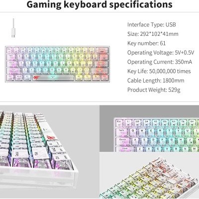 Havit KB903L Gaming keyboard 61 key Transparent white Havit KB903L Gaming keyboard 61 key Transparent white